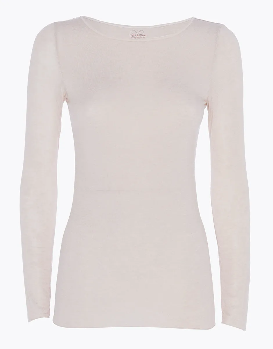 Beige modal and cashmere jumper with boat neckline and long sleeves