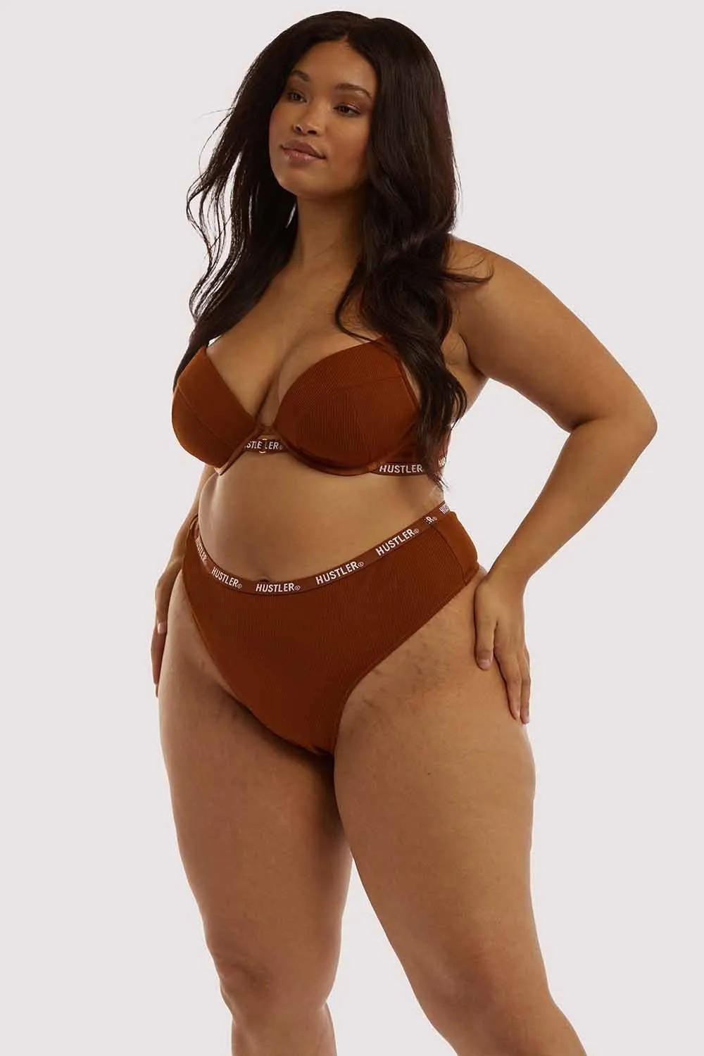 Branded Ribbed Chocolate High Waist Thong