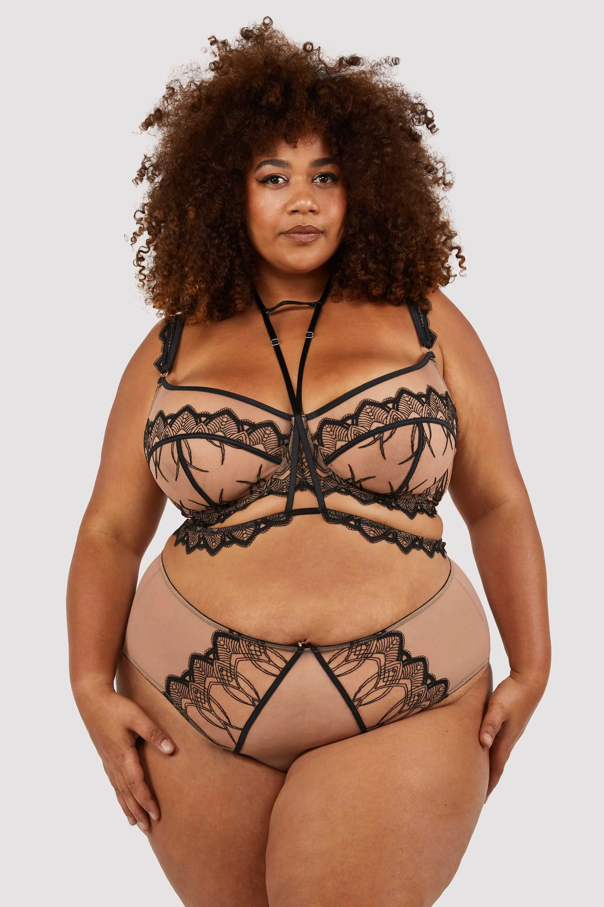Clara Latte And Black Lace Harness and Bra