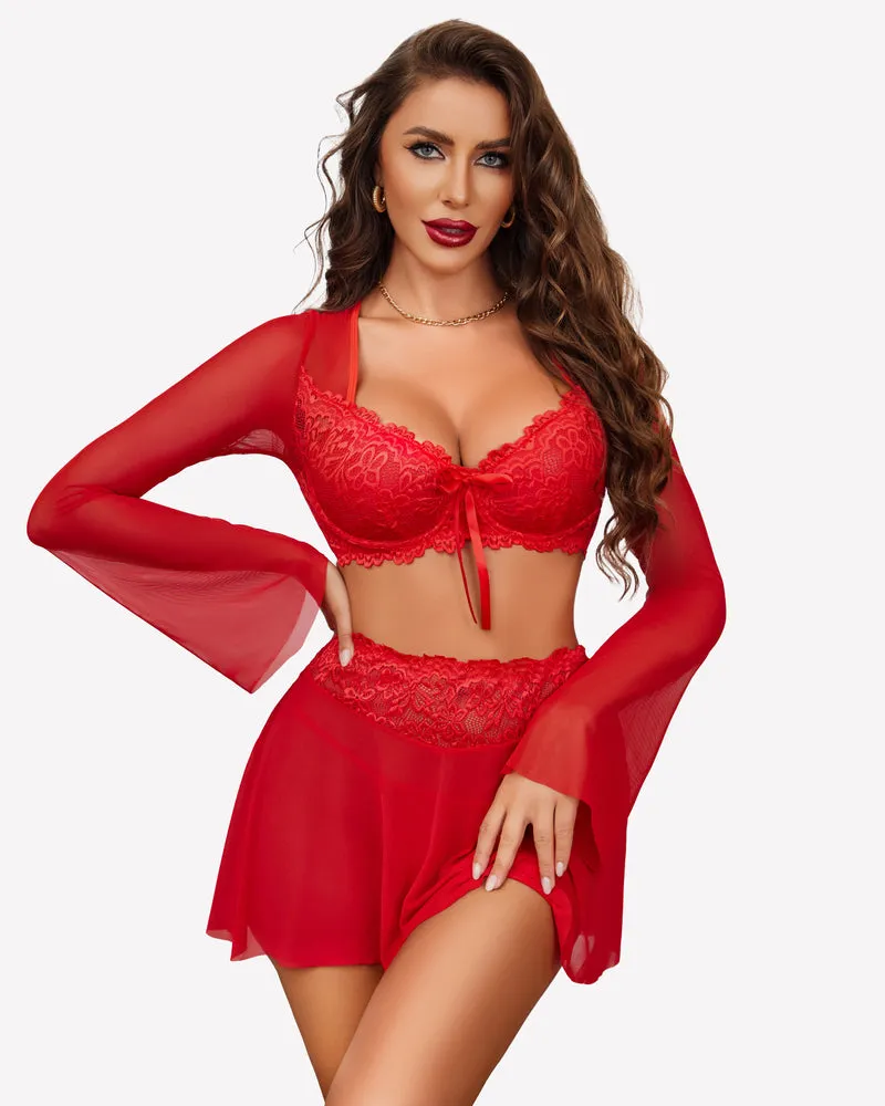 Contrast Lace Mesh Lingerie Set