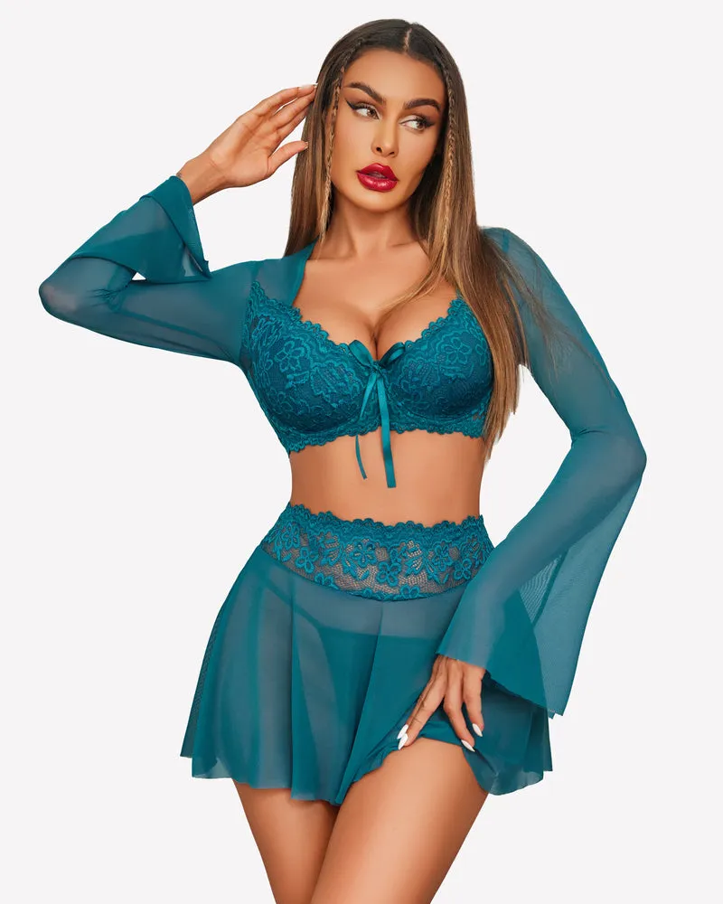 Contrast Lace Mesh Lingerie Set