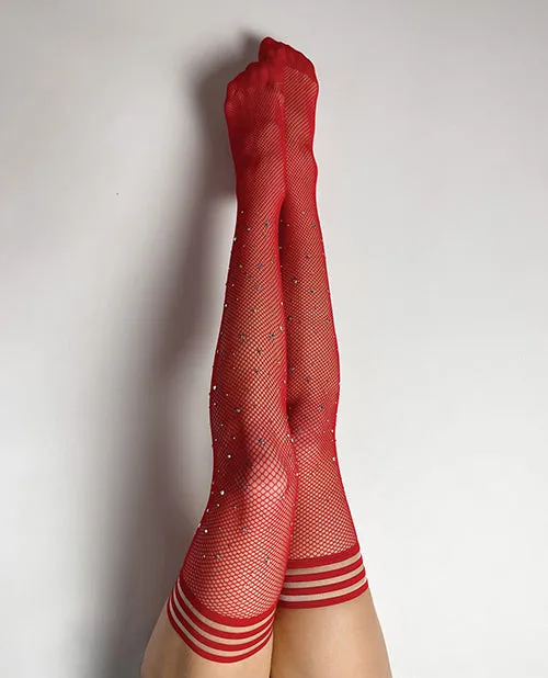 Kix'ies Joely Fishnet Rhinestone Thigh High Red