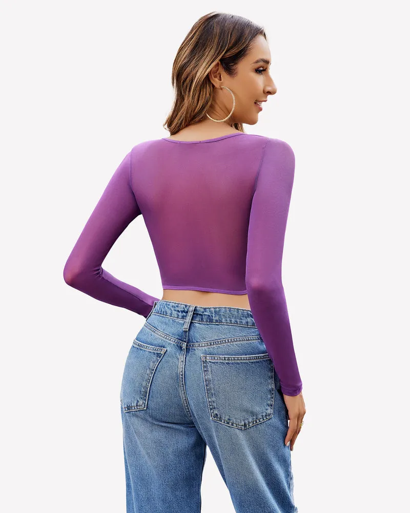 Lace Crop Top Long Sleeve Sheer Blouse