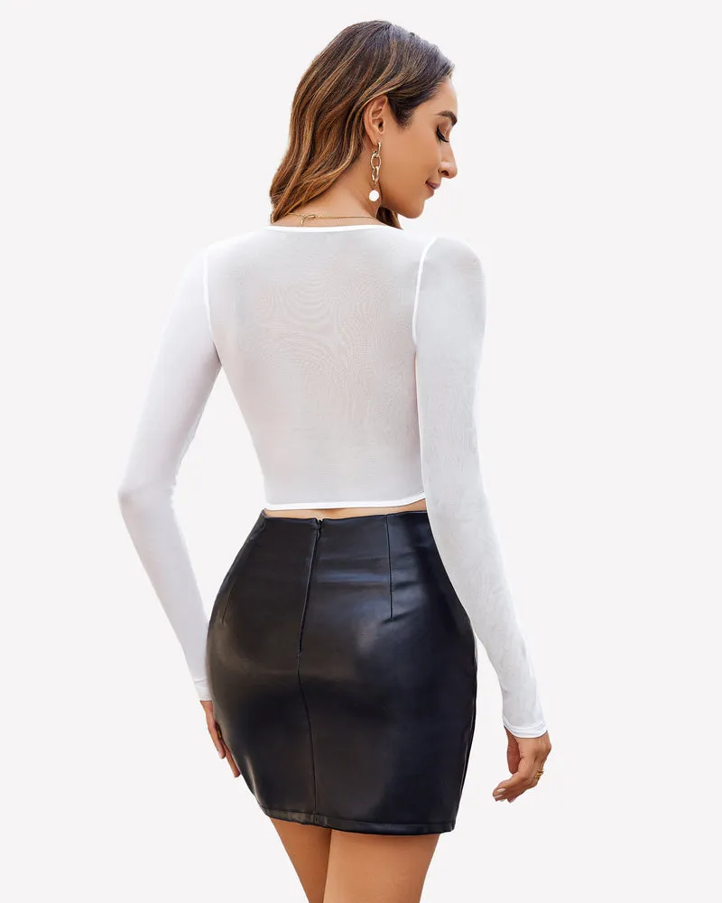 Lace Crop Top Long Sleeve Sheer Blouse