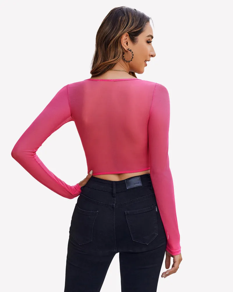Lace Crop Top Long Sleeve Sheer Blouse