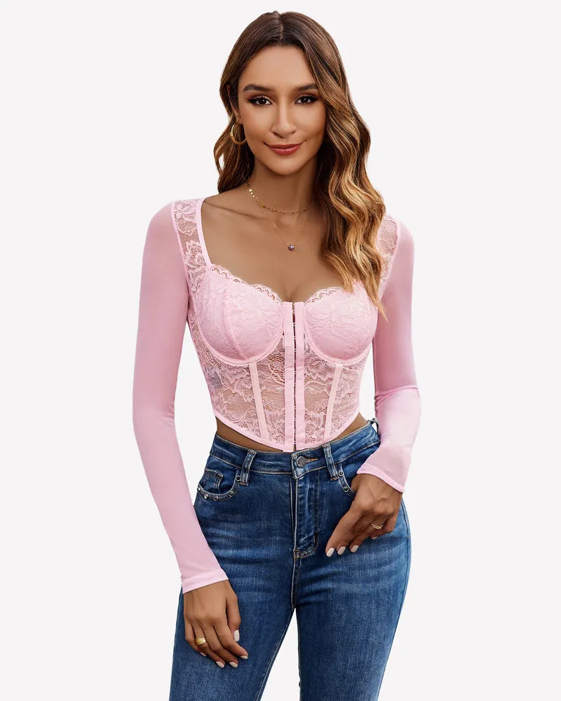Lace Crop Top Long Sleeve Sheer Blouse