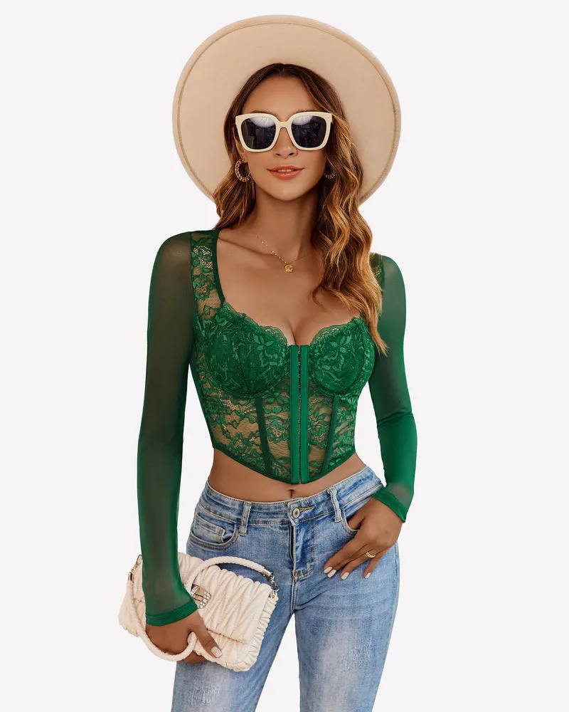 Lace Crop Top Long Sleeve Sheer Blouse