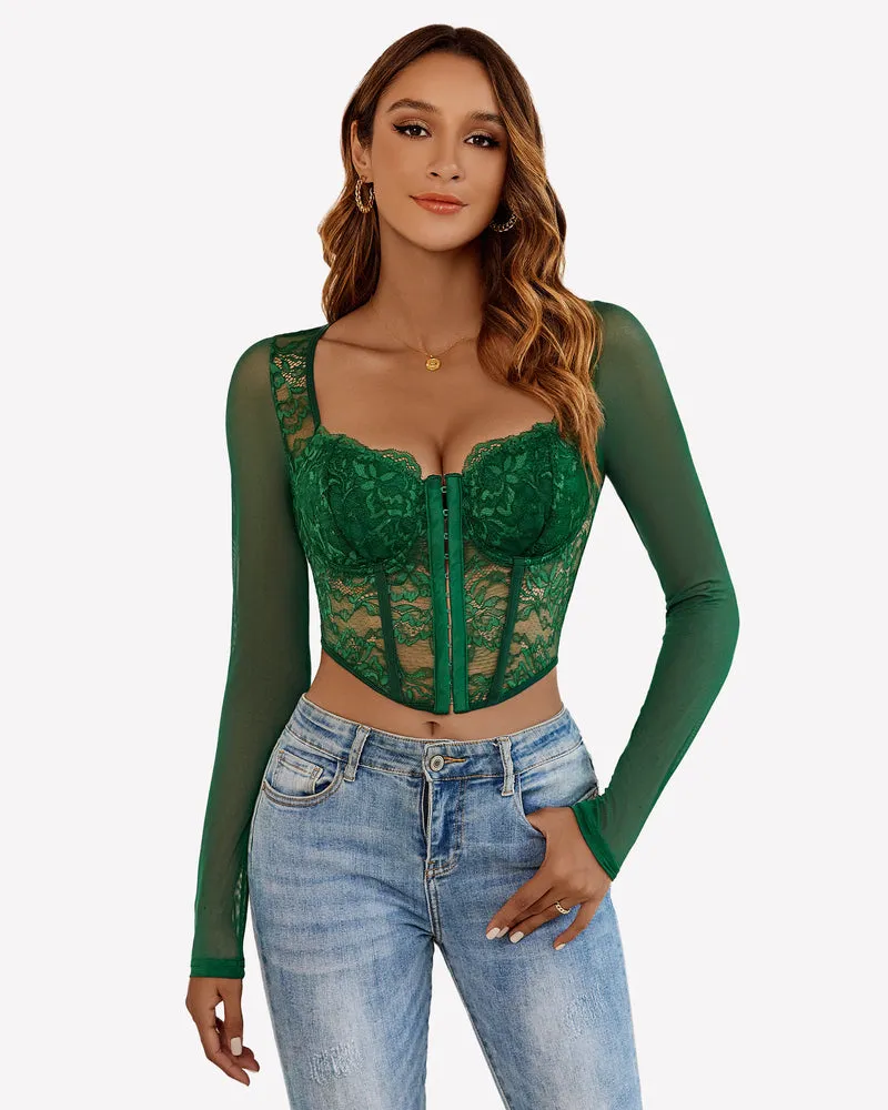 Lace Crop Top Long Sleeve Sheer Blouse