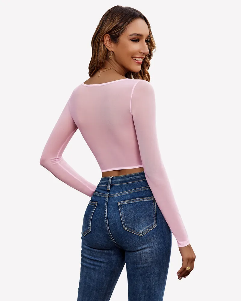 Lace Crop Top Long Sleeve Sheer Blouse