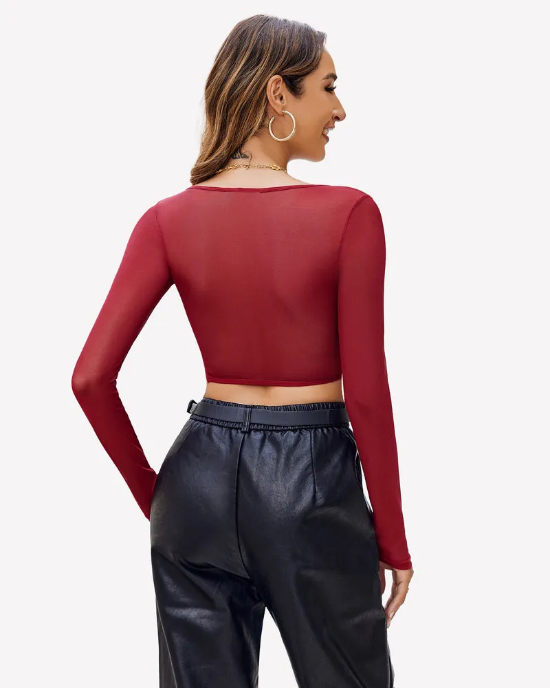 Lace Crop Top Long Sleeve Sheer Blouse