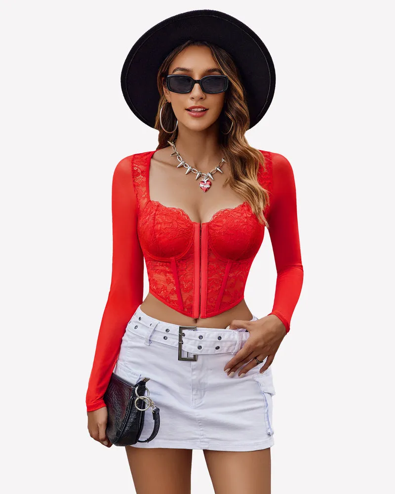 Lace Crop Top Long Sleeve Sheer Blouse