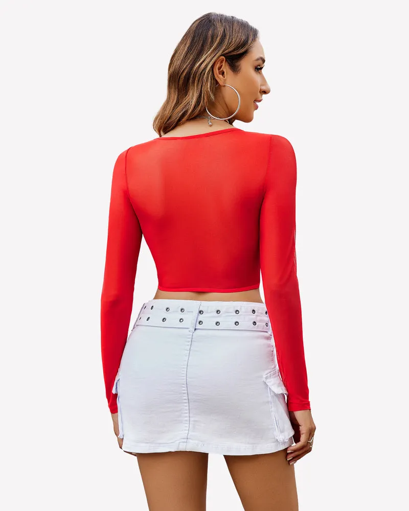 Lace Crop Top Long Sleeve Sheer Blouse
