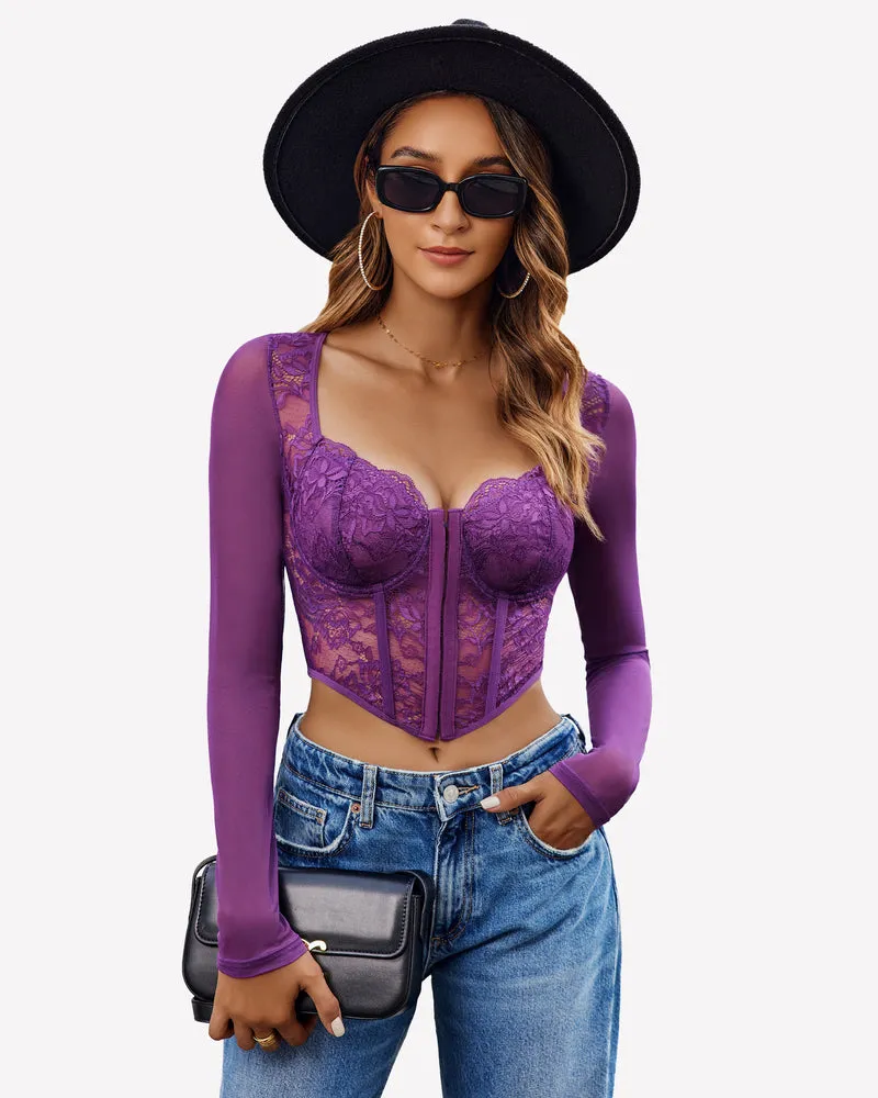 Lace Crop Top Long Sleeve Sheer Blouse