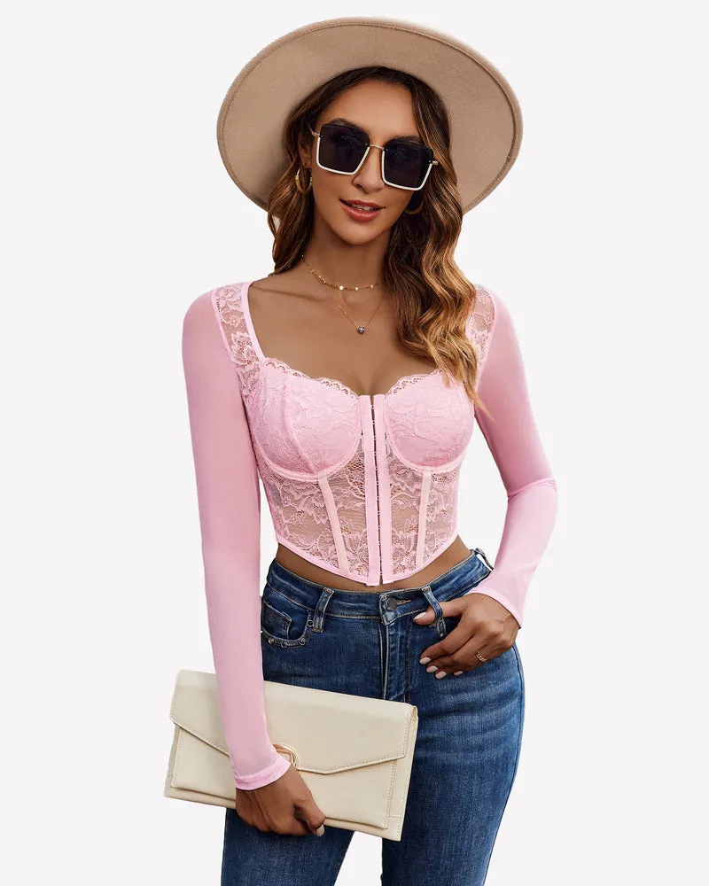 Lace Crop Top Long Sleeve Sheer Blouse