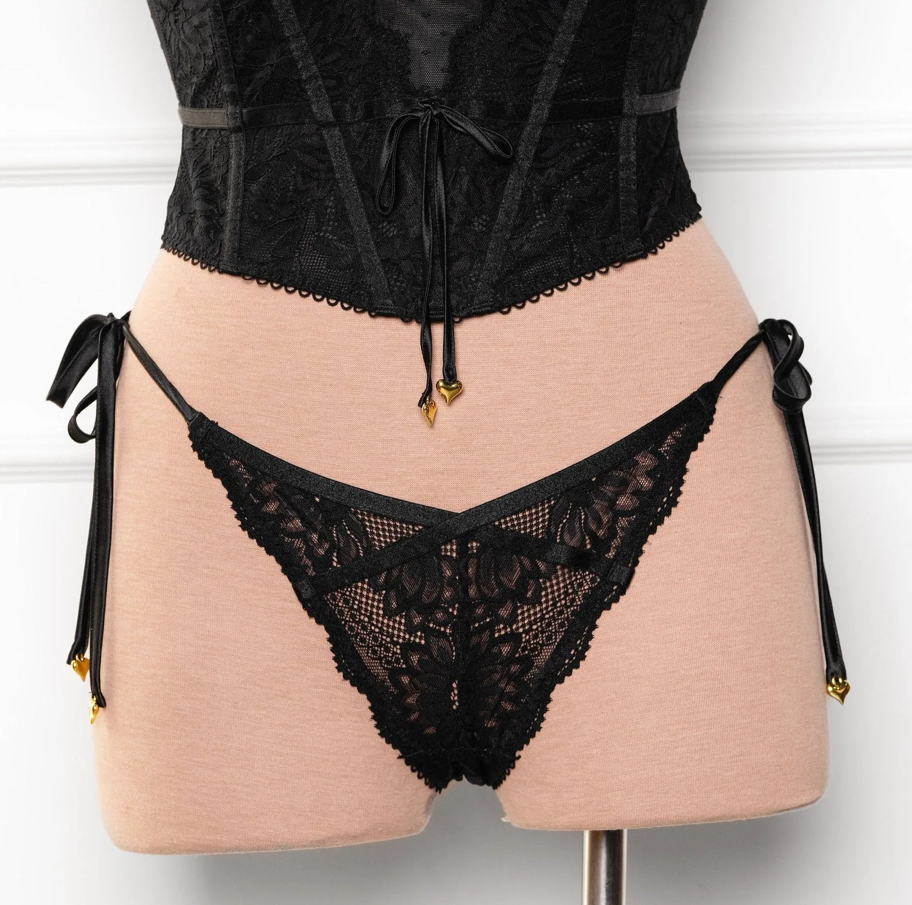 Lacy Heart Charm Side Tie Panty - Black