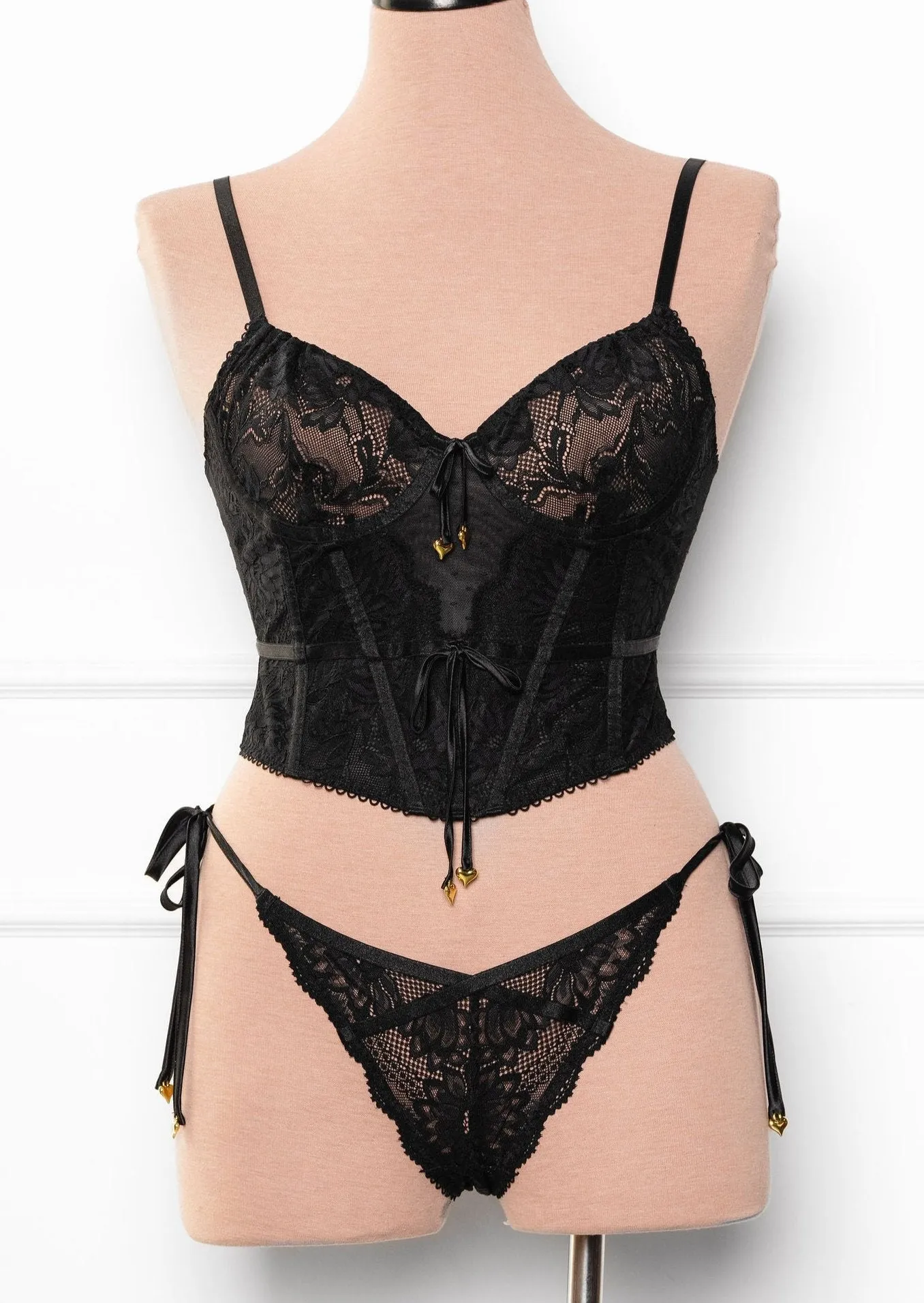 Lacy Heart Charm Side Tie Panty - Black