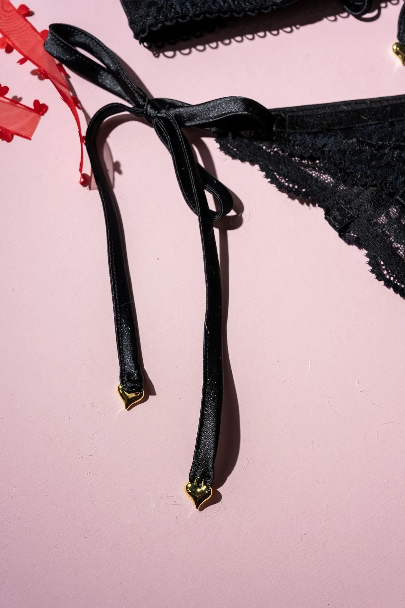 Lacy Heart Charm Side Tie Panty - Black