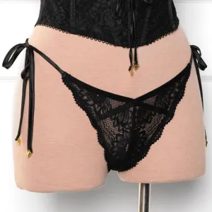 Lacy Heart Charm Side Tie Panty - Black