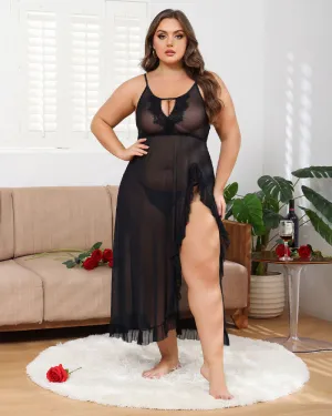 Plus Size Lace Mesh Side Slit Nightgown