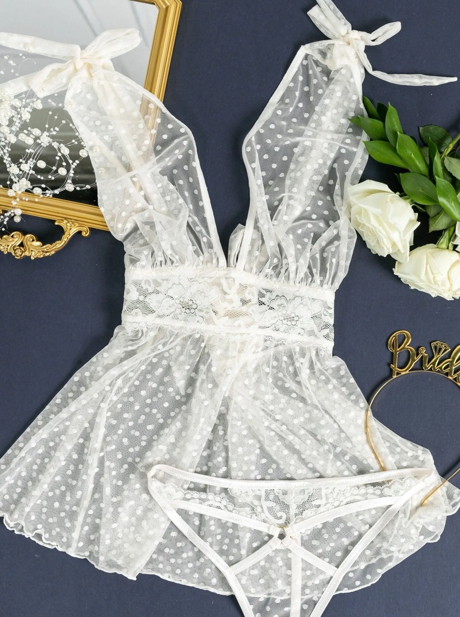 Polka Dot Mesh Babydoll - Iridescent Pearl