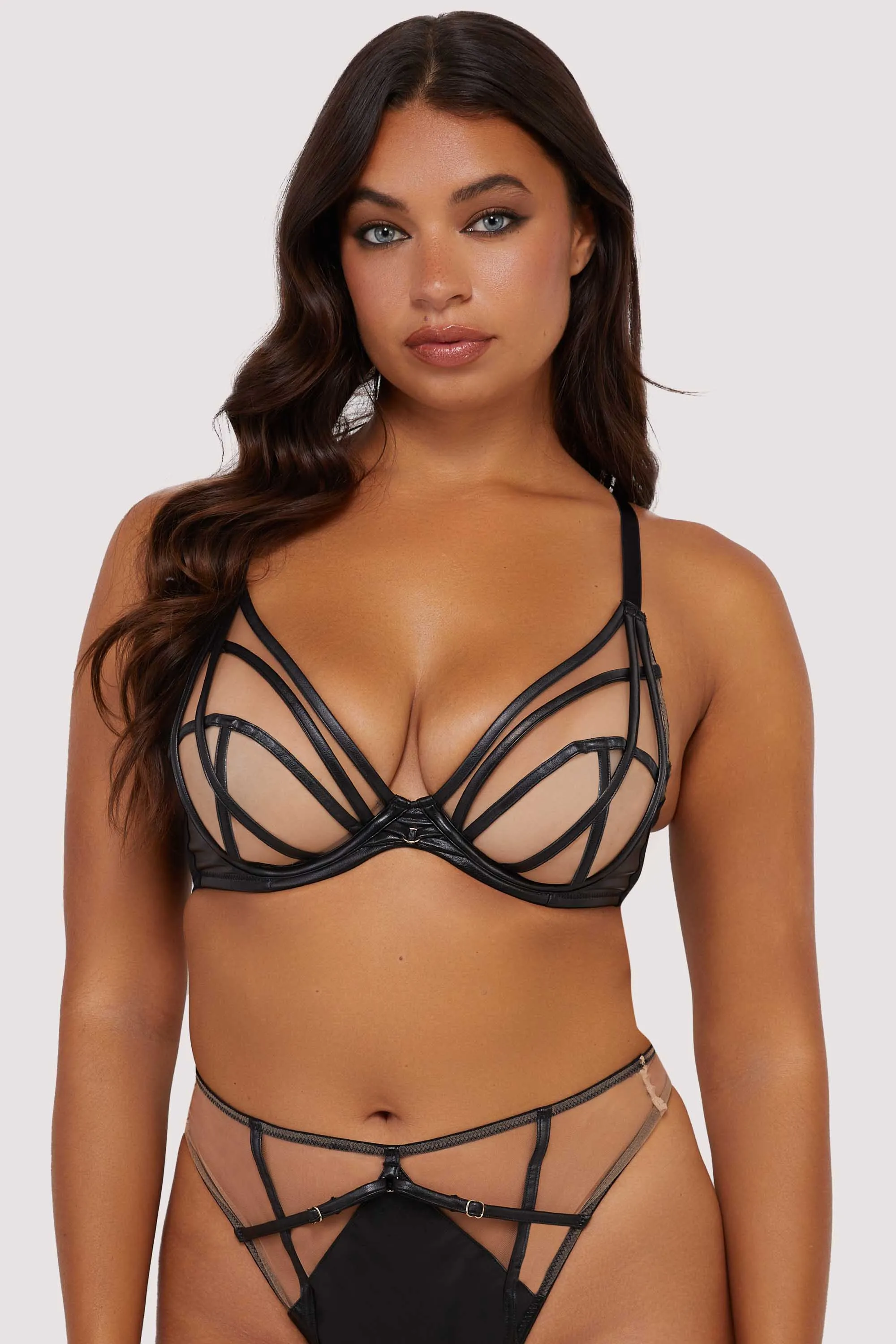 Ramona Black Leatherette Strap Detail Illusion Mesh Set