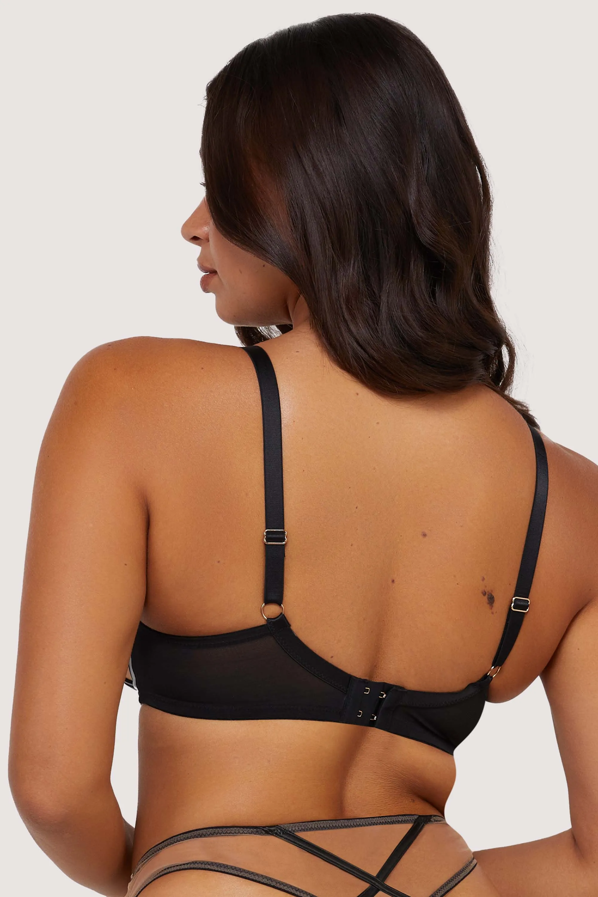 Ramona Black Leatherette Strap Detail Illusion Mesh Set