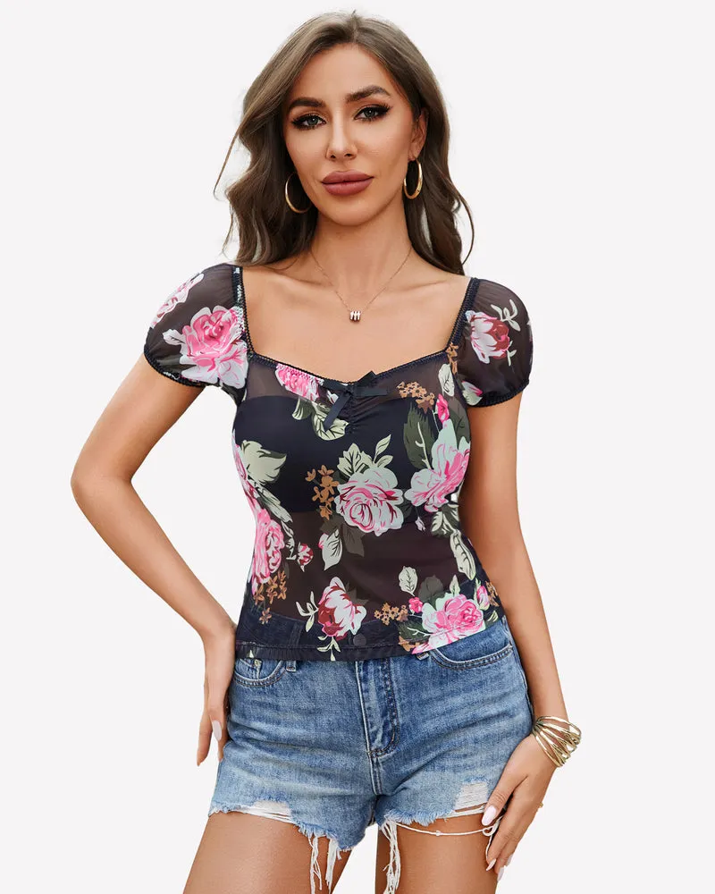 Short Sleeve Sheer Mesh Tops