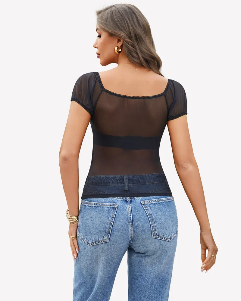 Short Sleeve Sheer Mesh Tops