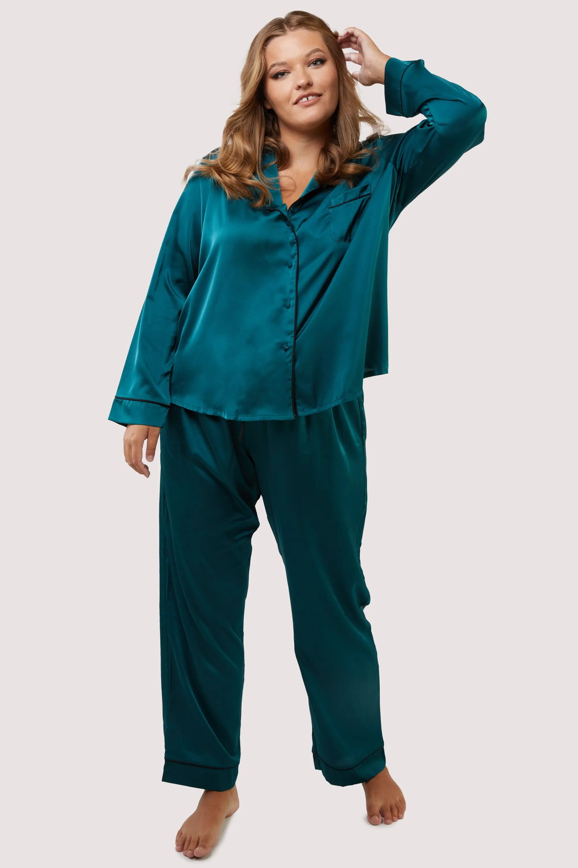 Teal and Black Satin Piping Pyjama Set