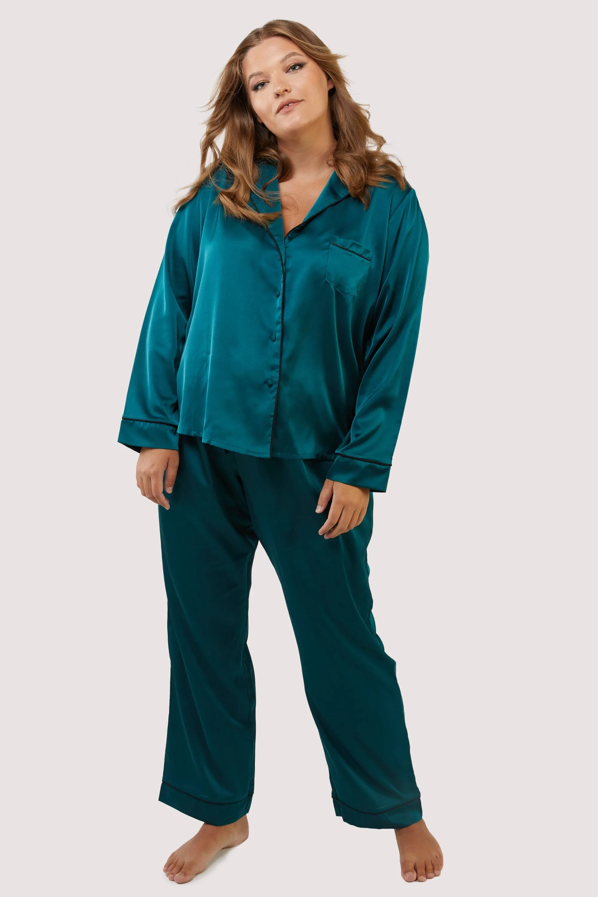 Teal and Black Satin Piping Pyjama Set
