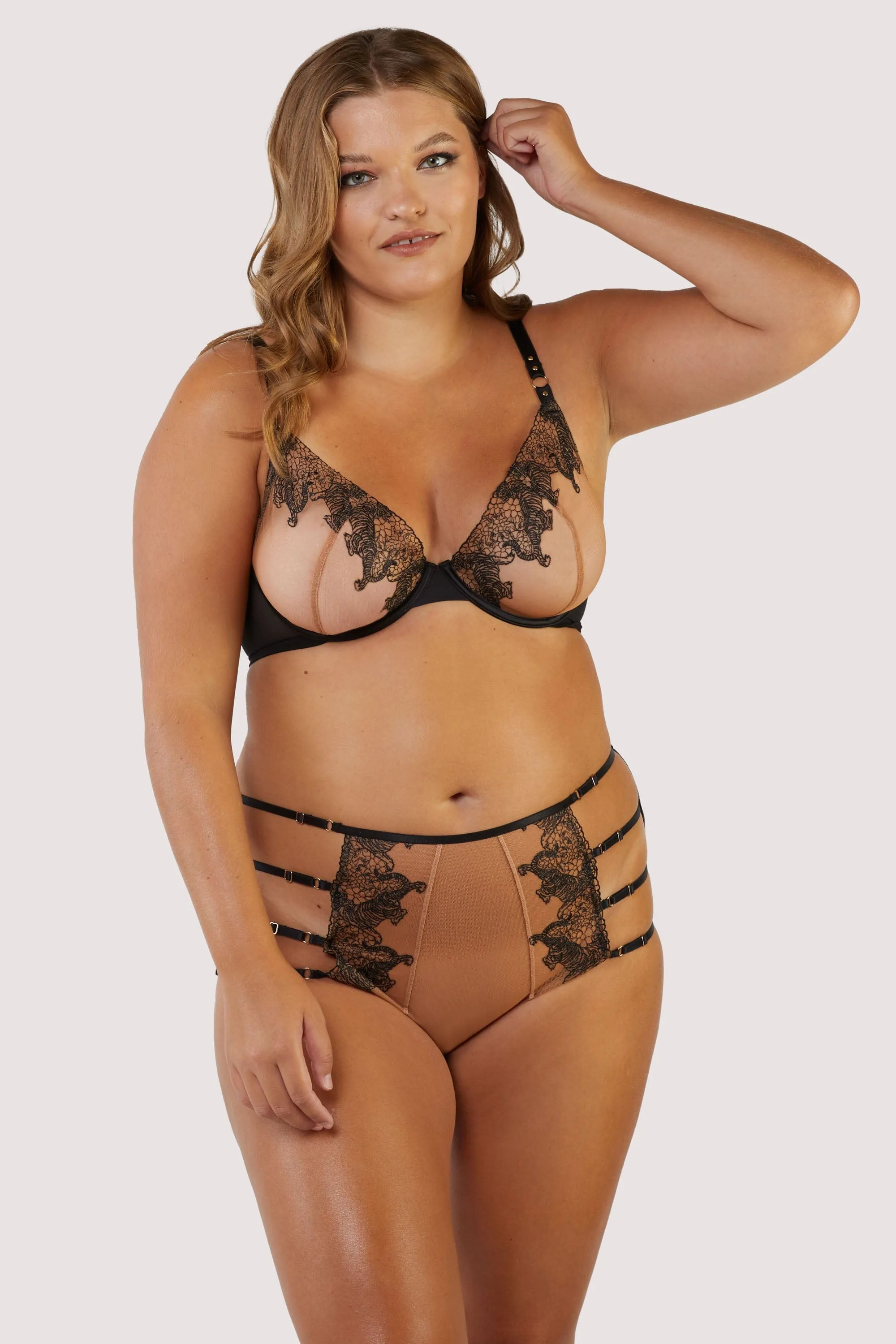 Tiger Peach Mesh Embroidered Plunge Bra