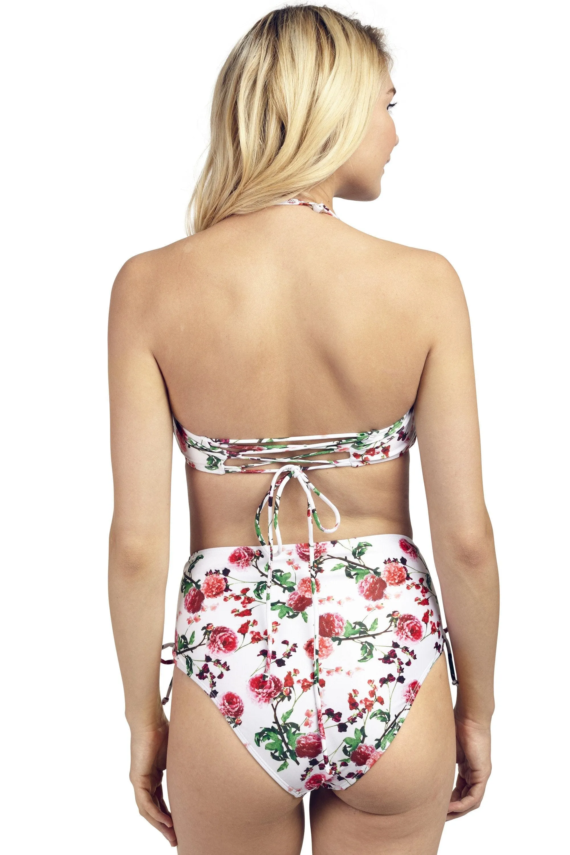 Wolf & Whistle Carnations print lace up bandeau bikini top B-F cups